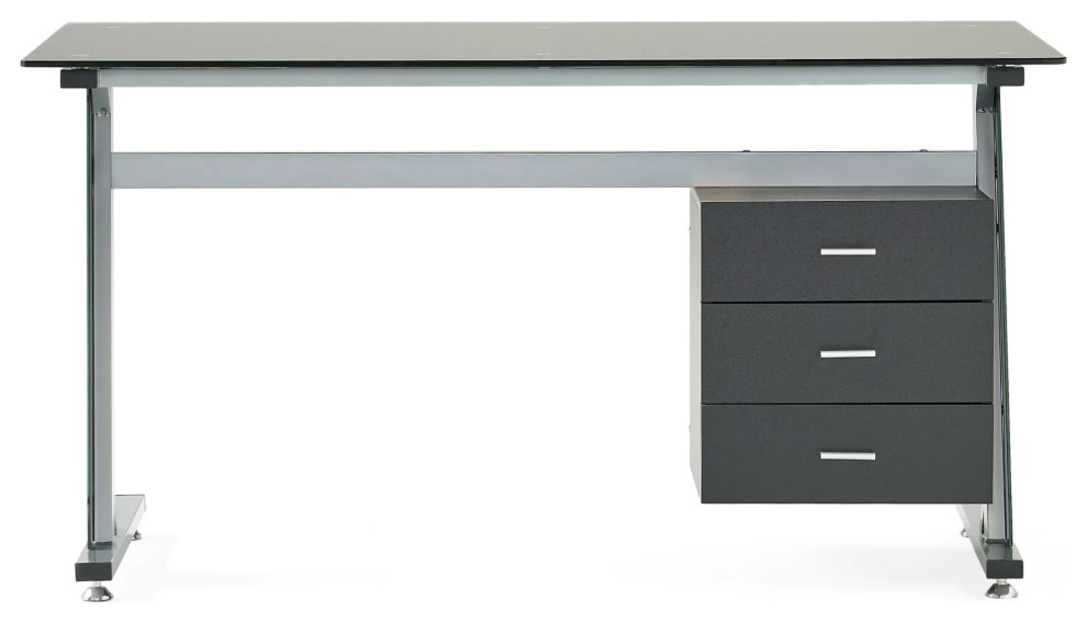 Modern Desk, Silver Legs With Tempered Glass Top & 3 Storage Drawers