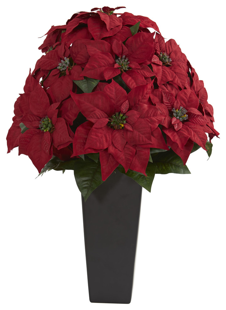 27" Poinsettia Artificial Plant, Black Planter Contemporary
