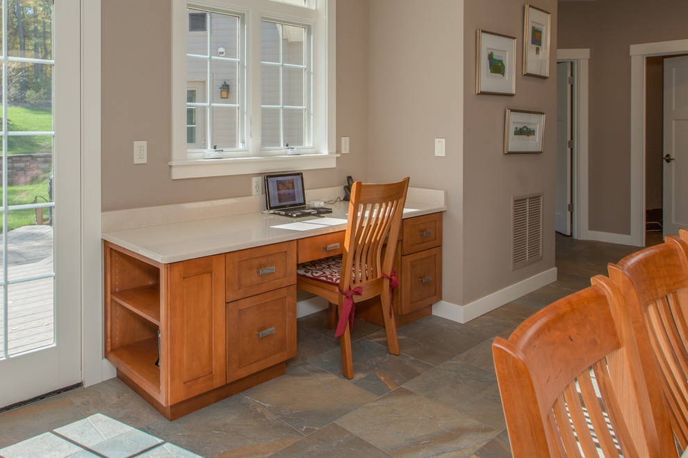 Open concept kitchen - huge transitional u-shaped open concept kitchen idea in Boston with an undermount sink, shaker cabinets, medium tone wood cabinets, quartz countertops, stone slab backsplash, stainless steel appliances and an island