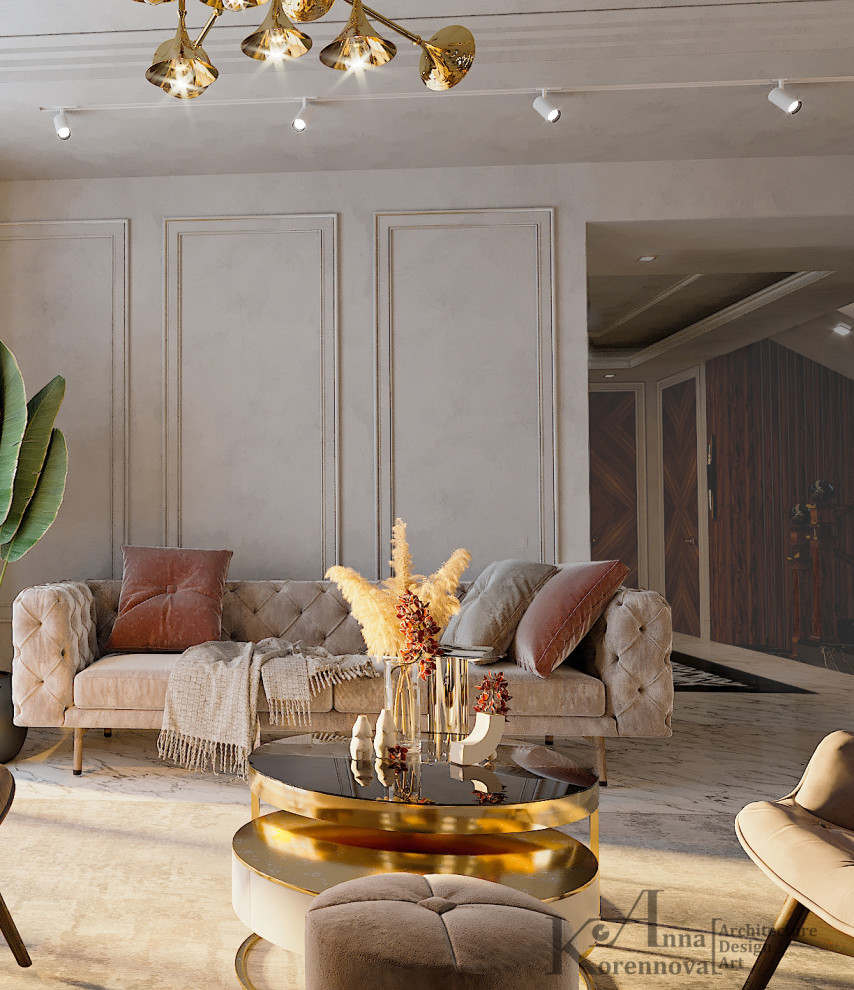 Интерьер гостиной в коттедже Дом с двумя соснами