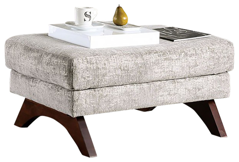 Square Ottoman with Crescent Wooden Feet Design, Gray Transitional
