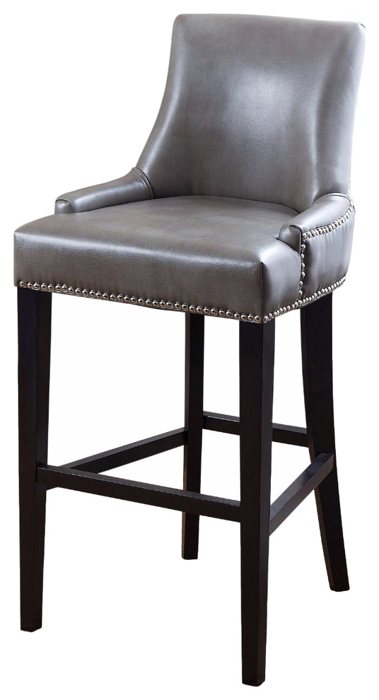 Newport Leather Nailhead Trim Bar Stool, Gray Transitional Bar