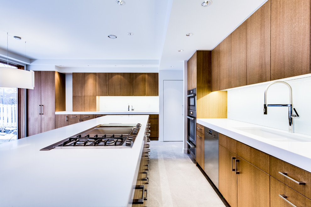 Design ideas for a mid-sized modern galley eat-in kitchen with a double-bowl sink, flat-panel cabinets, medium wood cabinets, quartz benchtops, white splashback, glass sheet splashback, stainless steel appliances, porcelain floors and with island.
