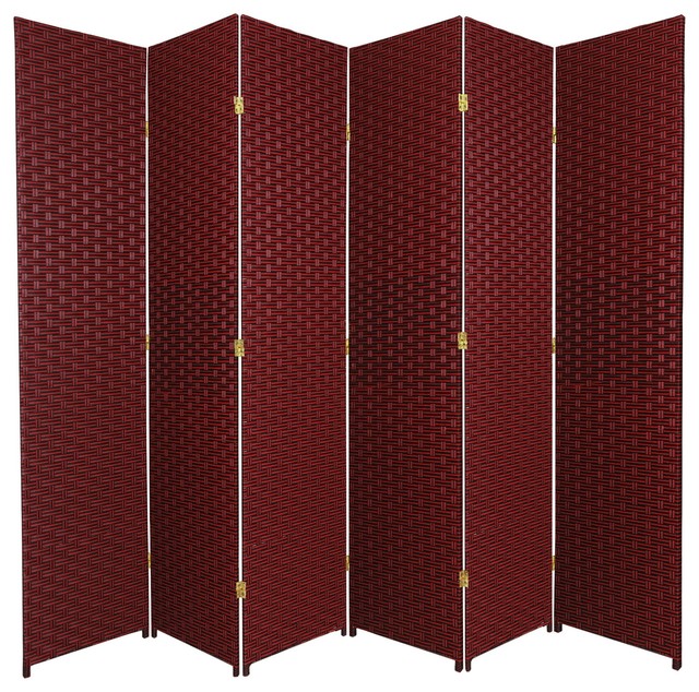 7' Tall Woven Fiber Room Divider, Red/Black, 6 Panel
