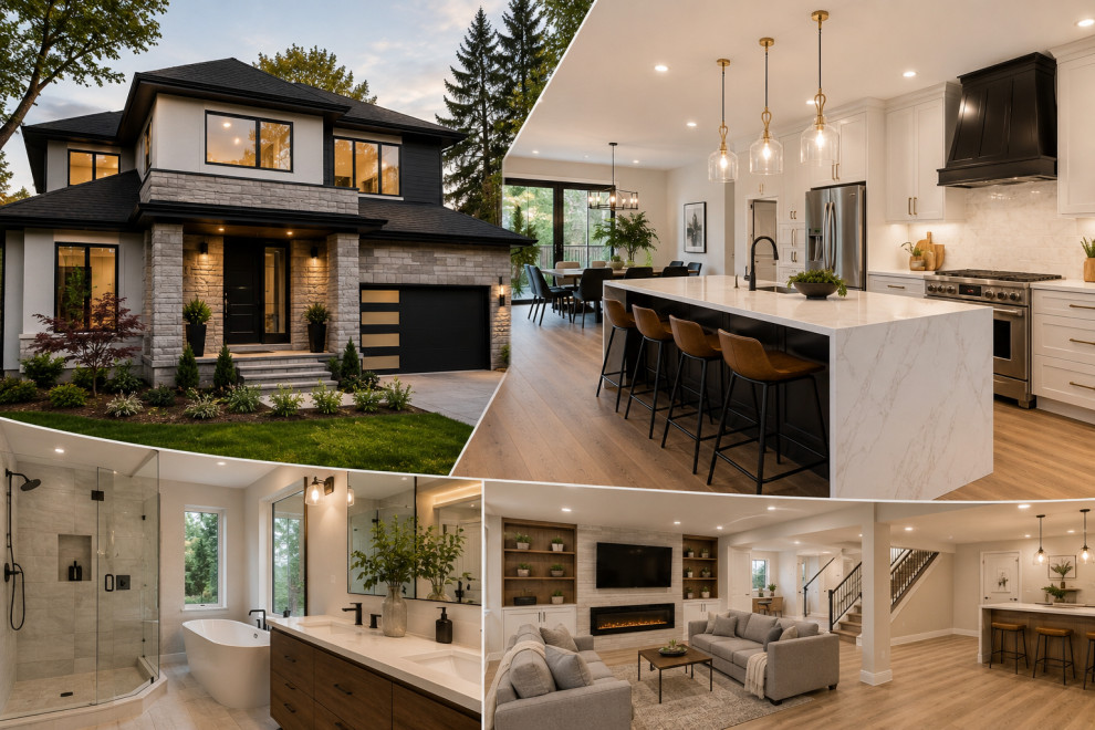 Modern Ontario home remodeling showcase featuring luxury kitchen renovation, updated bathroom, finished basement, and contemporary house exterior design.