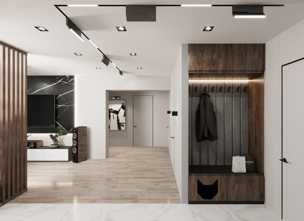 Гостиная и коридор в холодных деревянных тонах