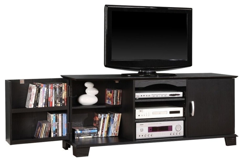 60" Black Wood TV Stand Console Transitional Entertainment Centers