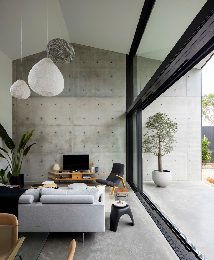 Inspiration for a modern formal open concept living room in Sydney with grey walls, concrete floors, a freestanding tv and grey floor.
