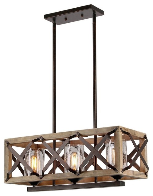3 Lights Rectangle Wood Metal Pendant Lamp Light Fixture With Bubble Glass Shade
