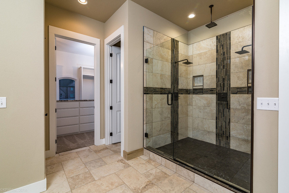 Large transitional master bathroom in Other with shaker cabinets, white cabinets, a freestanding tub, an alcove shower, beige walls, ceramic floors, an undermount sink and granite benchtops.