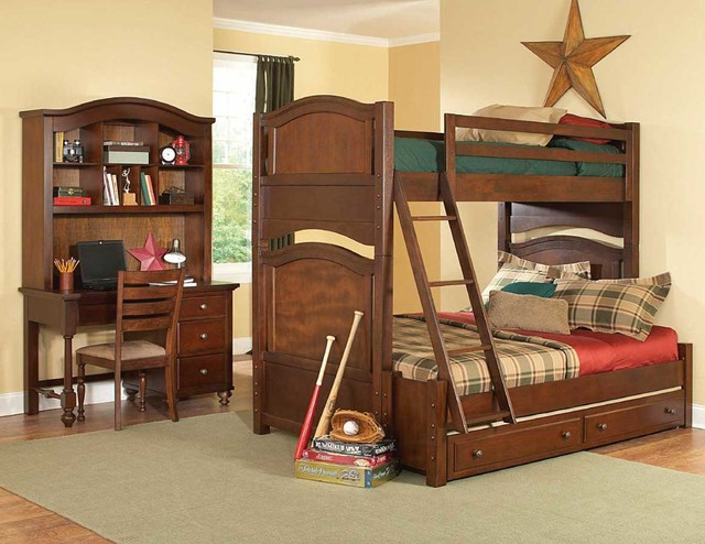 Aris Brown Cherry 3 Pc Twin Full Bunk Bed With Trundle Bedroom Set