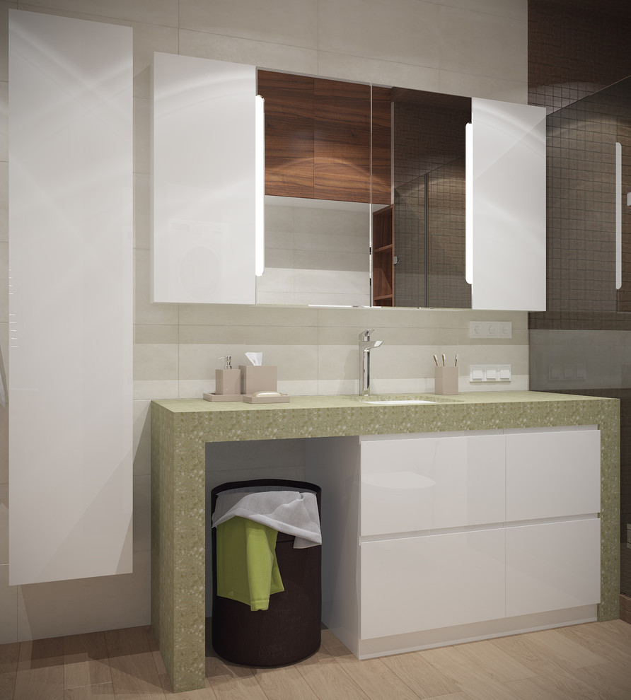 Скандинавский Минимализм. Раковина подстольного монтажа спрятана в шкаф