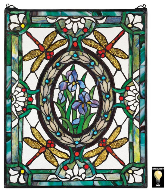 34.5" x 20.5" Stained glass window panel Waterlily Lotus dragonfly Flower Pond 