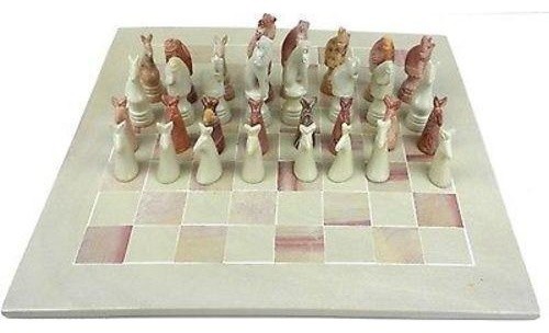 CHESS SET MARBLE SOAP STONE BOARD GAME WOODEN BOARDER AND PIECES INCLUDED 12" 