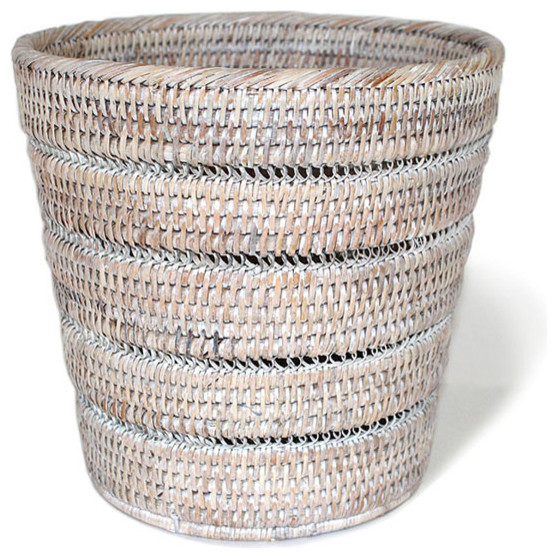 White Wash Rattan Pattern Waste Basket Tropical Wastebaskets by