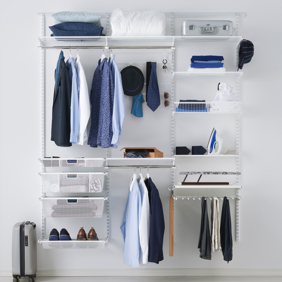 Mid-sized scandinavian gender-neutral walk-in wardrobe in Other with open cabinets, white cabinets, laminate floors, beige floor and wallpaper.