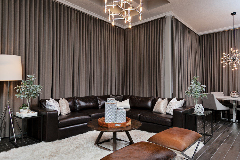 Example of a large transitional formal and open concept porcelain tile and beige floor living room design with beige walls, no fireplace and no tv