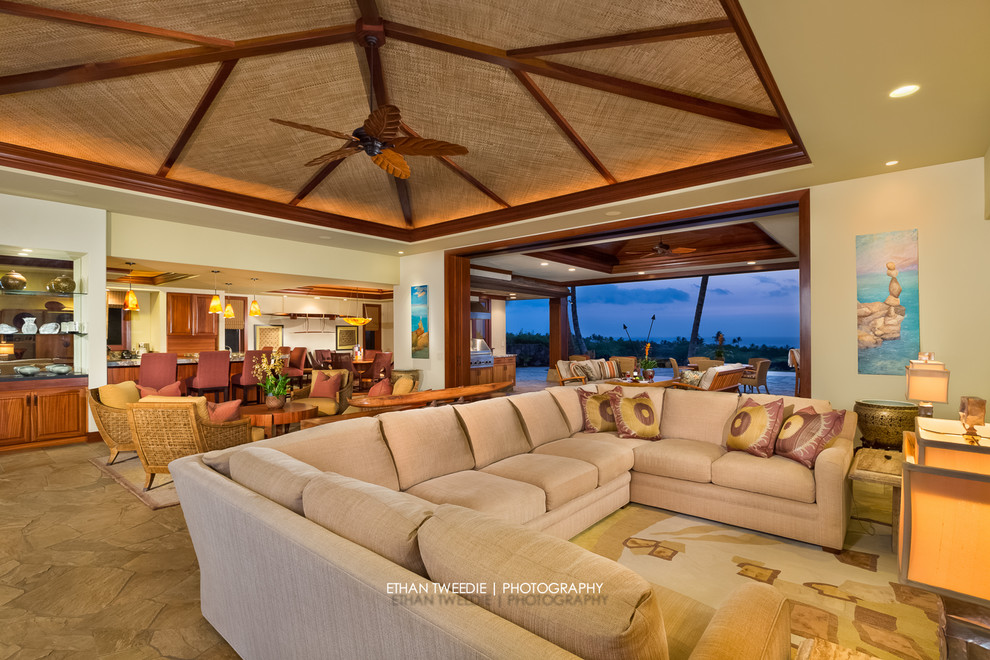 This is an example of a tropical living room in Hawaii.