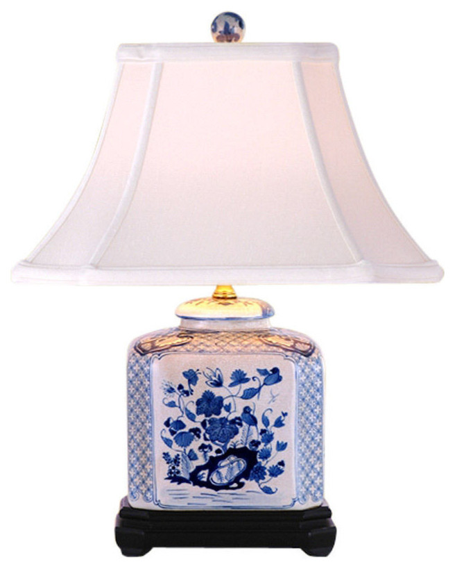 Blue and White Square Floral Porcelain Vase Table Lamp 19" Asian