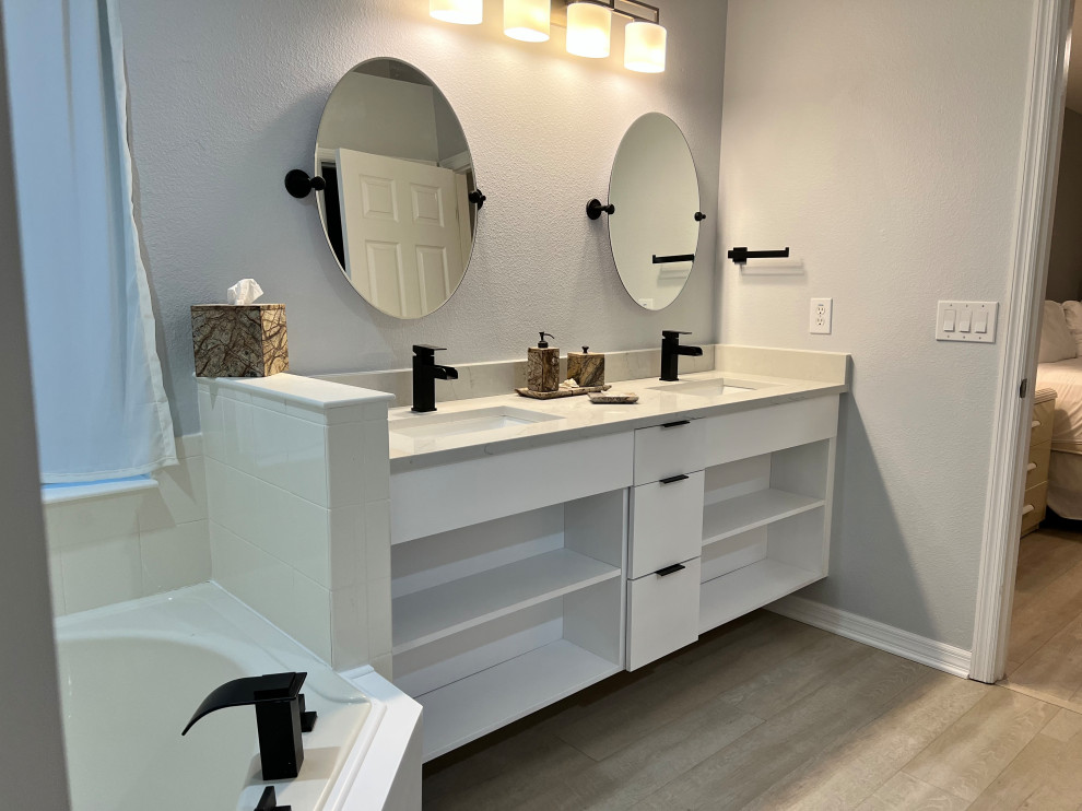Design ideas for a small contemporary master bathroom in Orlando with open cabinets, white cabinets, grey walls, vinyl floors, an undermount sink, engineered quartz benchtops, white benchtops, a double vanity and a floating vanity.