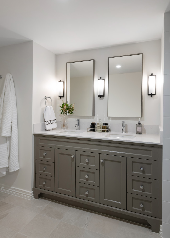 Inspiration for a mid-sized transitional bathroom in Brisbane with shaker cabinets, grey cabinets, white walls, porcelain floors, an undermount sink, grey floor, white benchtops, a double vanity and a built-in vanity.