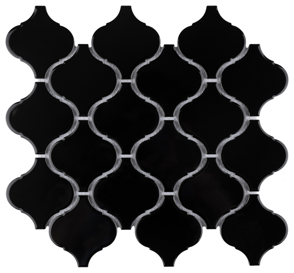 Metro Lantern Porcelain Mosaic Tile, Glossy Black, Sample