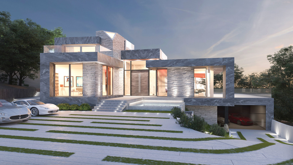 This is an example of an expansive modern grey house exterior in Los Angeles with four or more storeys, stone veneer, a flat roof, a metal roof and a black roof.