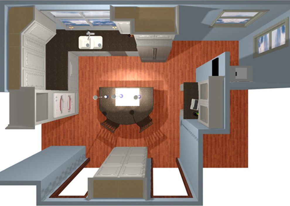 Example of a mid-sized transitional l-shaped medium tone wood floor and brown floor eat-in kitchen design with an undermount sink, raised-panel cabinets, white cabinets, quartz countertops, multicolored backsplash, stainless steel appliances, an island and multicolored countertops