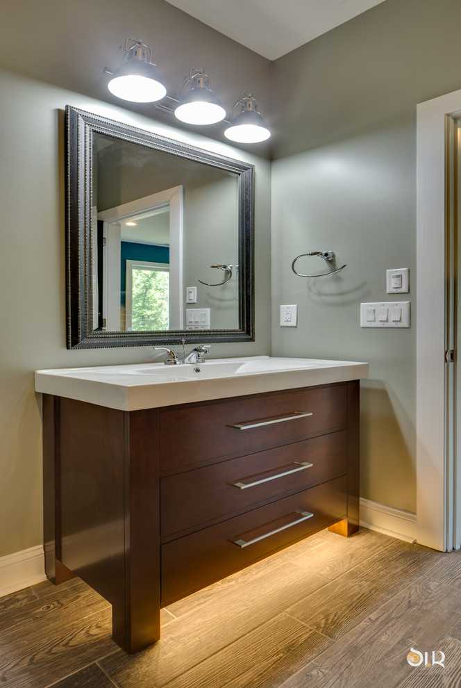 Inspiration for a transitional 3/4 dark wood floor and beige floor bathroom remodel with flat-panel cabinets, light wood cabinets and gray walls