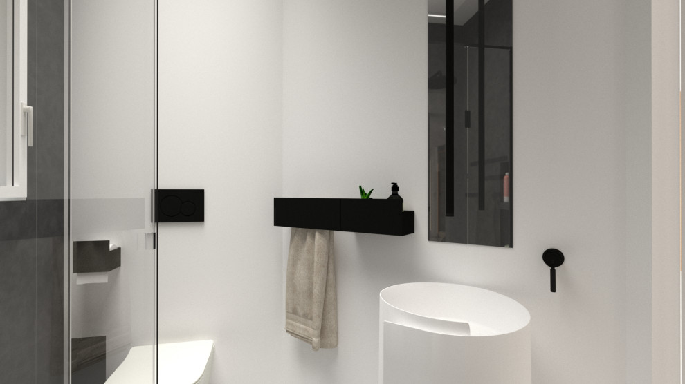 Inspiration pour un WC suspendu design de taille moyenne avec des portes de placard blanches, un carrelage blanc, un mur blanc, sol en béton ciré, un sol gris, meuble-lavabo sur pied et un plafond décaissé.