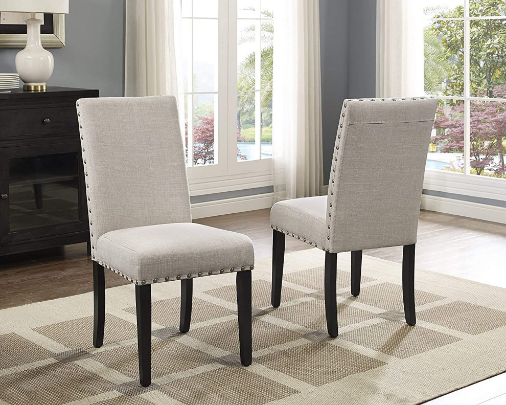 Tan Fabric Dining Chairs with Nail head Trim, Set of 2, Tan