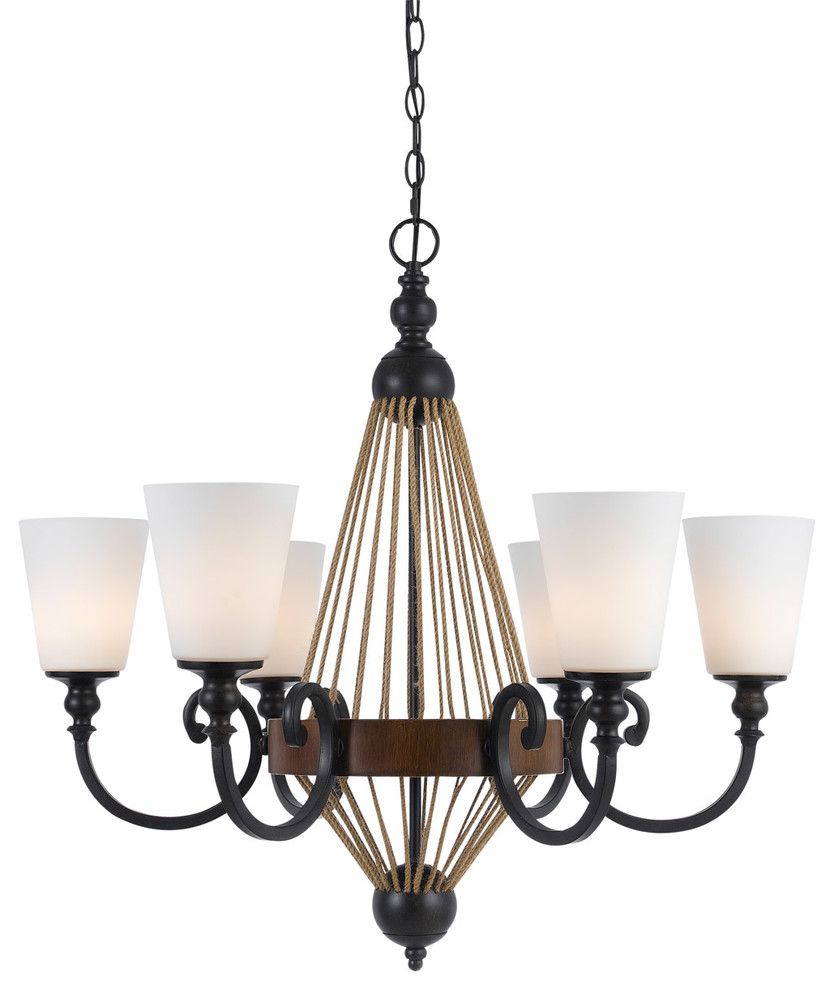 6 Light Monticello Chandelier, Metal/Wood Finish, White Shade