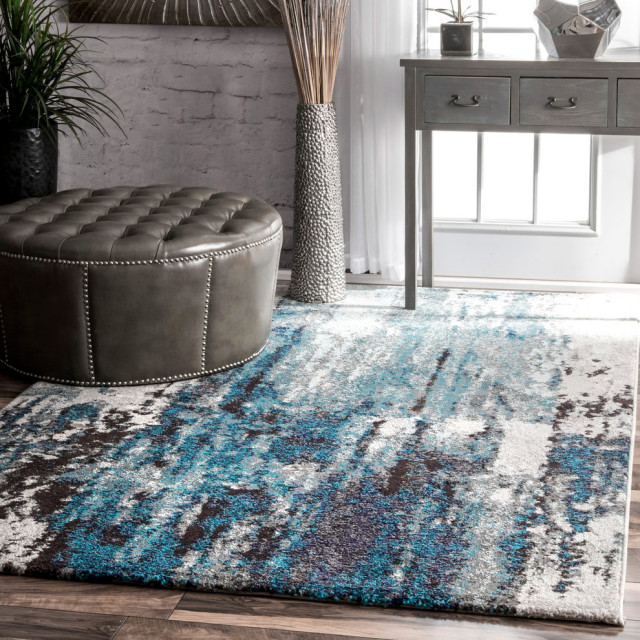 Winter Abstract Area Rug Contemporary, Teal Blue Rug For Living Room