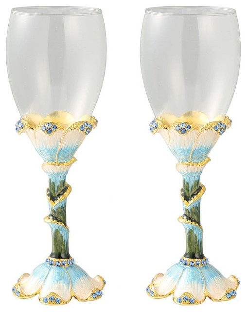 Long Stem Wine Glass With Hand Painted Stemware, Set of 2