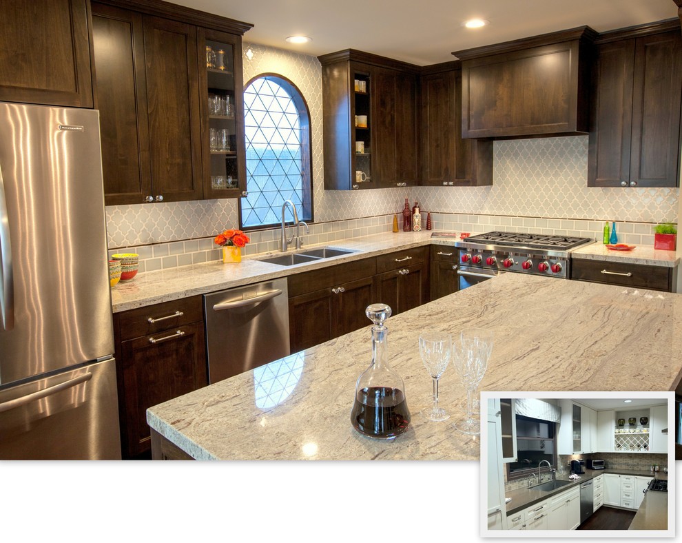 Photo of a mid-sized mediterranean l-shaped eat-in kitchen in Los Angeles with a double-bowl sink, flat-panel cabinets, medium wood cabinets, granite benchtops, grey splashback, ceramic splashback, stainless steel appliances, medium hardwood floors, with island and brown floor.