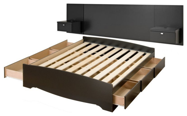 Prepac Series 9 Wooden King Storage Bed with Floating Headboard in Black