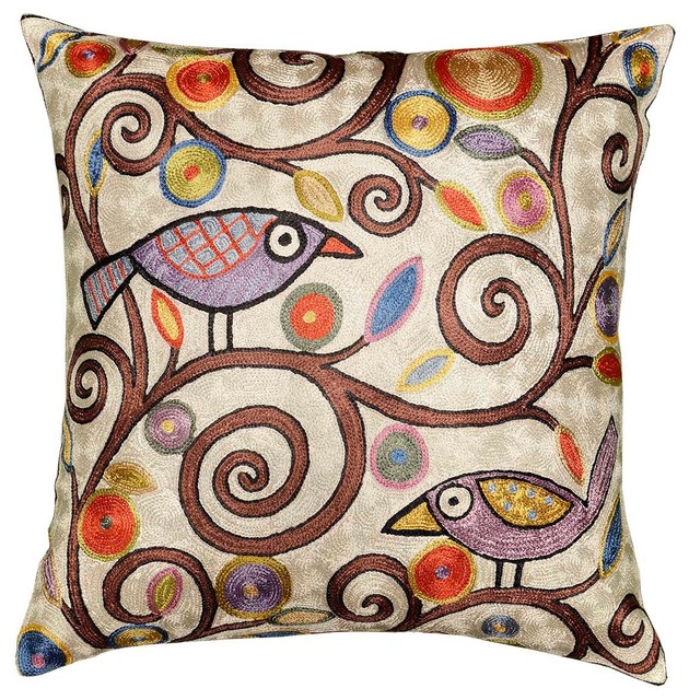 Klimt Tree Of Life Birds Cream Throw Pillow Cover Hand Embroidered