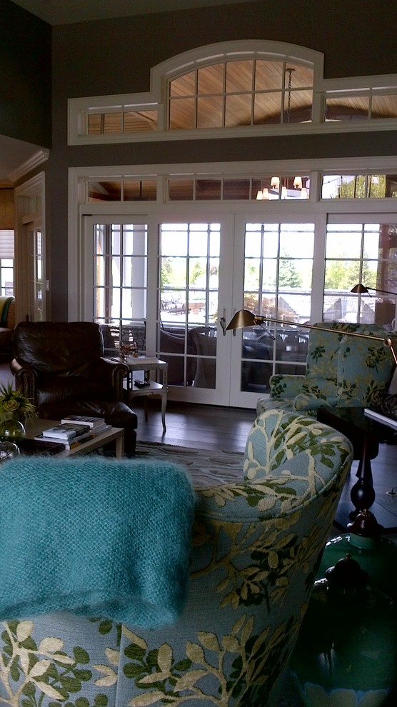 Home design - large transitional open concept medium tone wood floor home design idea in Toronto with beige walls