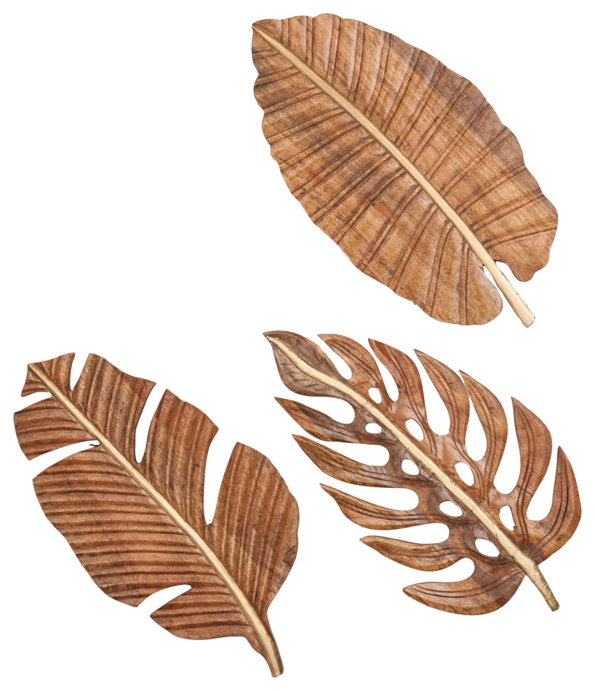 Large Carved Natural Wood Leaf Wall Decor Tropical
