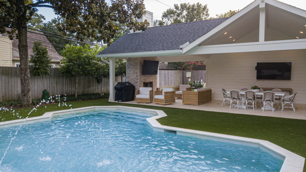 Photo of a medium sized retro back kidney-shaped swimming pool in Houston with tiled flooring.