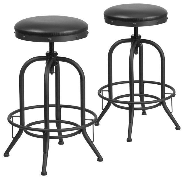 Set of 2 Rustic Bar Stool, Backless Faux Leather Seat With Swiveling