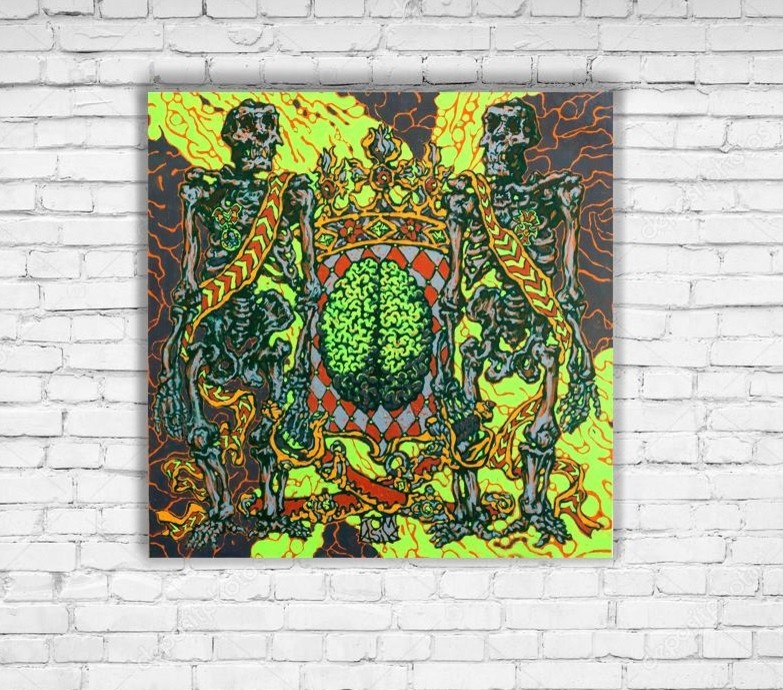 Original large painting colorful green Anthropological skeletons Contemporary ar