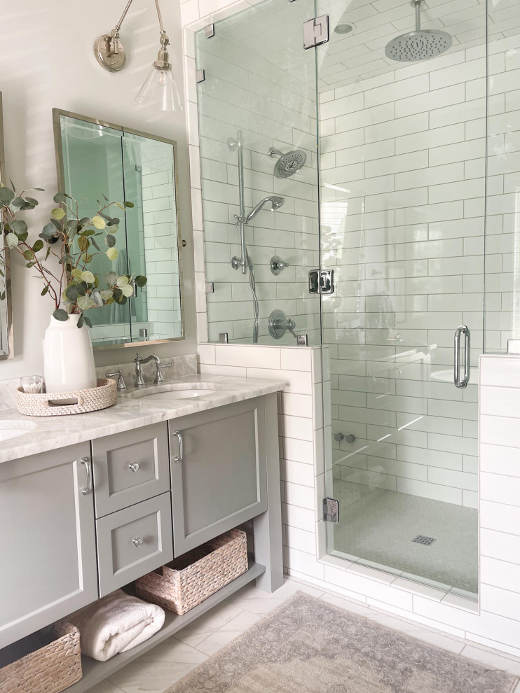 Design ideas for a transitional master bathroom in Other with furniture-like cabinets, grey cabinets, white tile, ceramic tile, grey walls, an undermount sink, quartzite benchtops, white floor, a hinged shower door, white benchtops, a double vanity and a freestanding vanity.