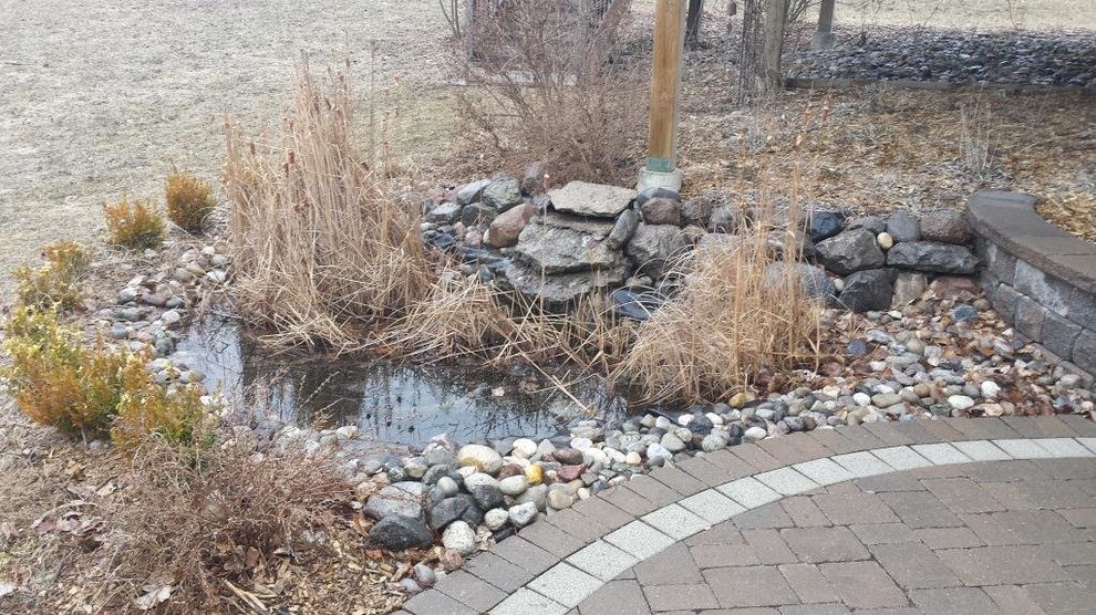 This is an example of a small backyard full sun garden in Toronto with with pond.