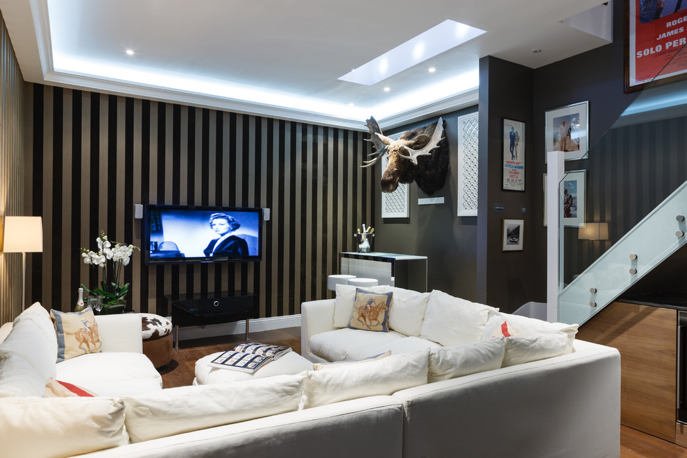 Inspiration for a modern home theatre in London.