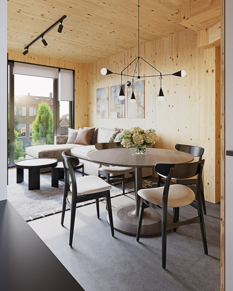 Стильный дизайн: кухня-столовая среднего размера в стиле модернизм с желтыми стенами, бетонным полом, серым полом, деревянным потолком и деревянными стенами - последний тренд