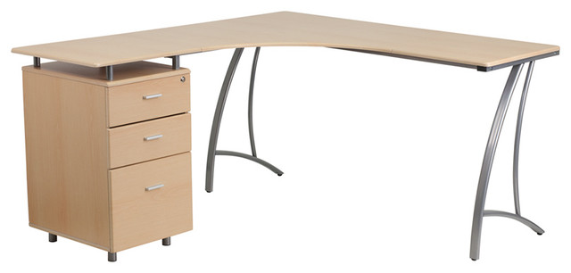 Flash Furniture Beech Laminate L Shape Desk With 3 Drawer Pedestal Flash Furniture Beech Laminate L Shape