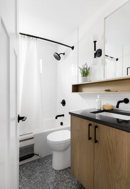 Tiny Modern Farmhouse Bathroom Ideas With White Ceramic Tile Backsplash