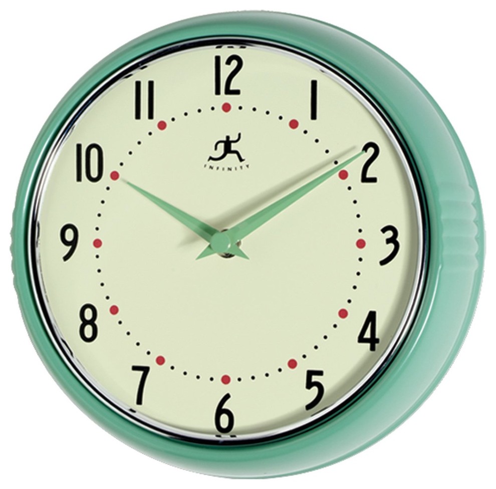 Infinity Instruments Retro 9-1/2-Inch Round Metal Wall Clock, Green
