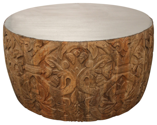 Carter Cruz Cocktail Table, Zinc Top on Hand-carved Solid Wood Base